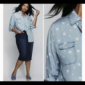 Lane Bryant Chambray Star Print Long Sleeve Shirt